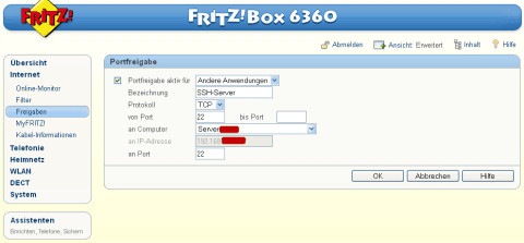 Forwarding SSH port for router Fritz!Box 6360