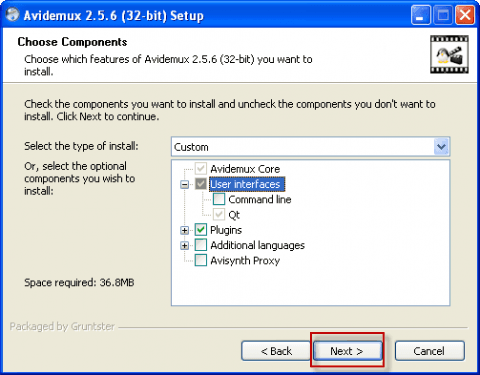 Установка Avidemux 2.5 в Windows - выбор компонентов