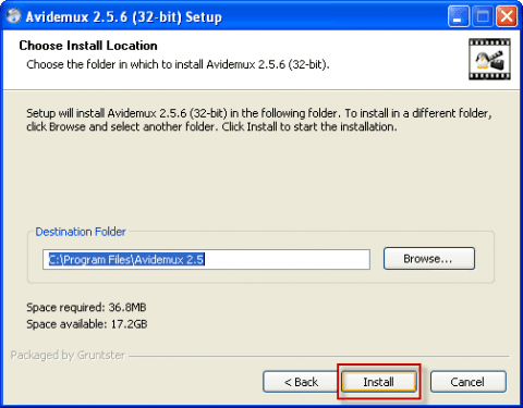 Установка Avidemux 2.5 в Windows - выбор установочной папки