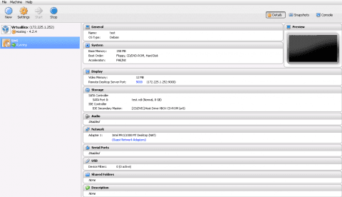 Ubuntu 12.04 c установленным сервером виртуализации Virtualbox c веб интерфейсом phpvirtualbox и созданной виртуальной машиной test