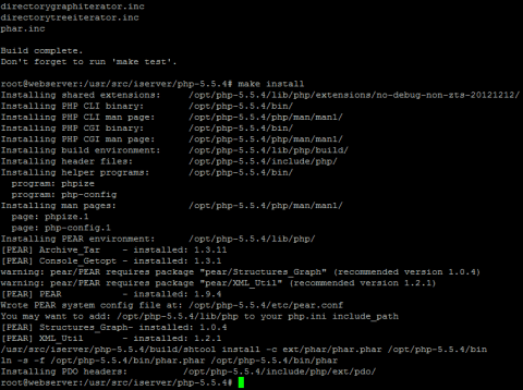 Запускаем команду make install после успешного make для установки PHP 5.5.4 в Debian Wheezy для ISPConfig