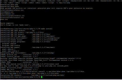 Запускаем команду make install после успешного make для установки PHP 5.3.27 в Debian Wheezy для ISPConfig