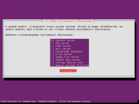 Установка Ubuntu 12.04 Server, закончили разбивку винчестера, включаем в установку SSH сервер