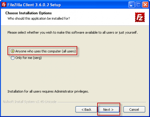 Отмечаем установку Filezilla для всех пользователей компьютера - 2