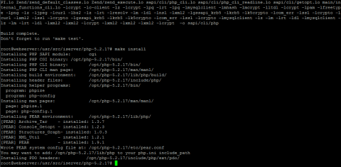 Запускаем команду make install после успешного make для установки PHP 5.2.17 в Debian Wheezy для ISPConfig